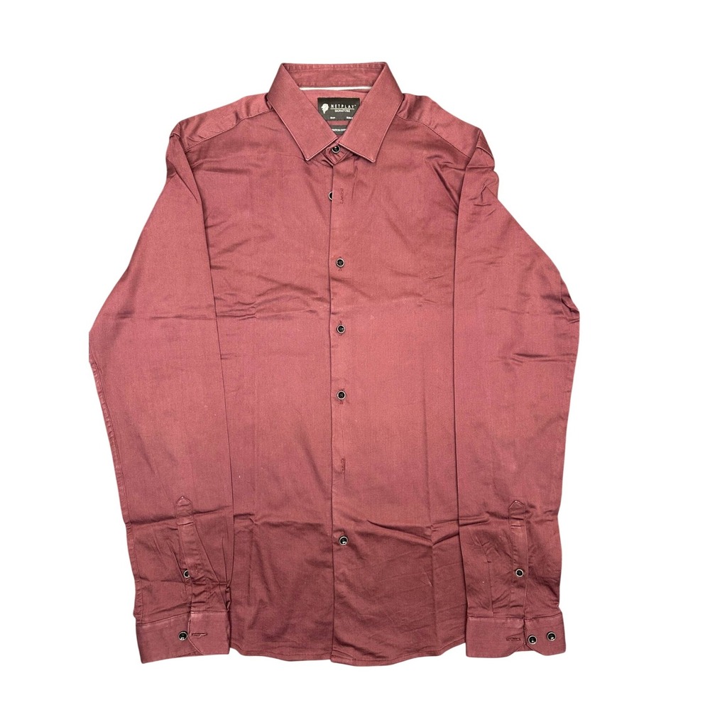Netplay Signature‎ Mens Maroon Slim Fit Stretch Cotton Button Down Shirt 39cm